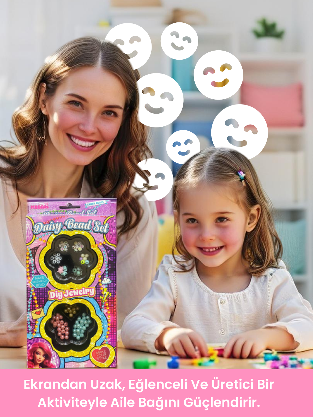Papatya Takı Seti | Renkli Boncuklarla Bileklik ve Kolye, 3+ Yaş DIY Takı Tasarımı