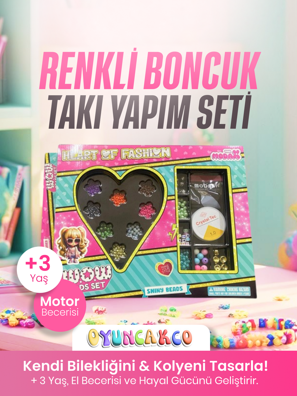 Kalpli Takı Tasarım Seti | Renkli Boncuklarla El Becerisi Geliştirme, 3+ Yaş DIY Takı Tasarım Oyunu