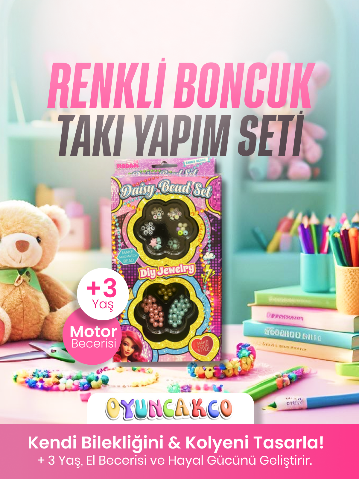 Papatya Takı Seti | Renkli Boncuklarla Bileklik ve Kolye, 3+ Yaş DIY Takı Tasarımı